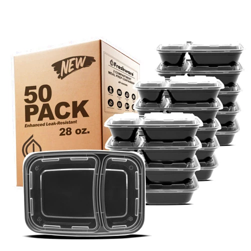 Freshware Meal Prep Containers [50 Pack] 2 Compartment with Lids, Food Storage Containers, Bento Box, BPA Free, Stackable, Microwave/Dishwasher/Freezer Safe (28 oz)