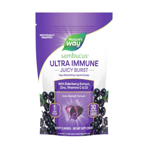 Nature's Way Sambucus Ultra Immune Juicy Burst, Extra-Strength Formula(1), Immune Support*, Vitamin D3, Vitamin C and Zinc, Elderberry Extract, 30 Berry Flavored Chews