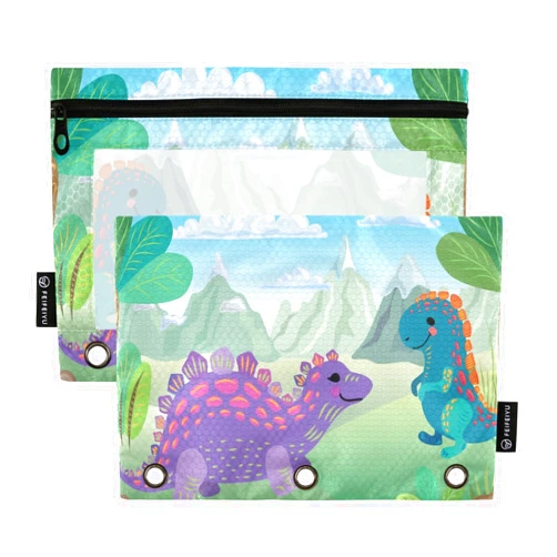 CUPADA Cartoon Dino Baby Pencil Pouch for 3 Ring Binder, Dinosaur Forest Green Binder Pouch with Zipper Clear Window Pencil Case Bag for Storing Office Supplies 2Pack