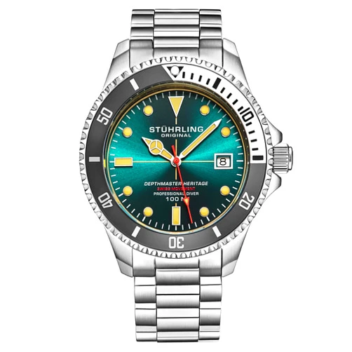 Stuhrling Original Stuhrling Depthmaster Heritage Diver Swiss Quartz Watch, 42mm, Teal Dial, Stainless Steel, 100M Water Resistant