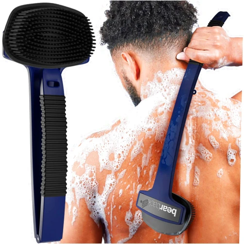 Bearback Back Scrubber: Premium Bath/Shower Back & Body Silicone Scrubber with Long Extendable Folding Handle for Adults/Men/Women/Elderly. Removable Scrubber. American Small Business (Navy)