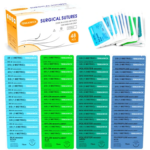 TENKAIWICK 48 Packs Sutures Thread with Needle,Mixed Sutures, Training Threads (Non-Absorbable: Nylon, Polyester, Polypropylene,Silk,4 Material) for Practicing Suturing can be Used for Suture Pads, Fruit peels