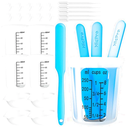 Nicpro Silicone Resin Measuring Cups Tool Kit- Nicpro 250 & 100 ml Measure Cups, Silicone Popsicle Stir Sticks & Spatula, Pipettes, Gloves for Epoxy Resin Mixing, Molds, Jewelry Making, Waxing, Easy Clean