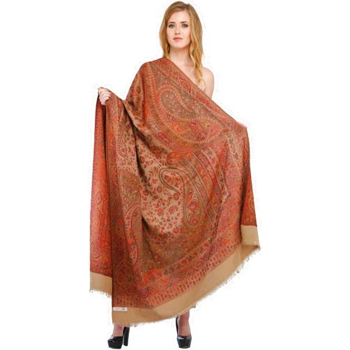 Exotic India Reversible Jamawar Shawl with Woven Paisleys - Wool