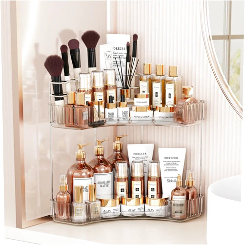 Asayuee 2-Tier Corner Bathroom Counter Organizer with Top Toothbrush Holders,Large Makeup Organizer Countertop with Brush Holder,Skincare Organizers Corner,Exquisite Vanity Organizer(Clear, 2 Tier)