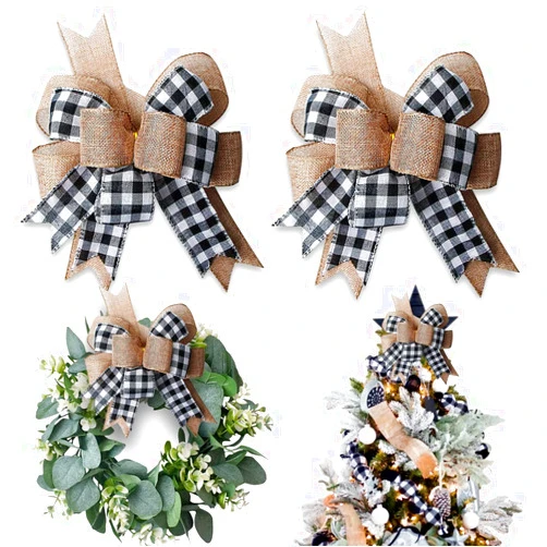Hongsome Buffalo Plaid Burlap Bows for Wreath 2 Pack,12”x9.4”Large Rustic Farmhouse Decor Tree Topper Check Bow Decorations for Fall Wedding Holiday Party Wall Home Front Door Decorative(Black&White)