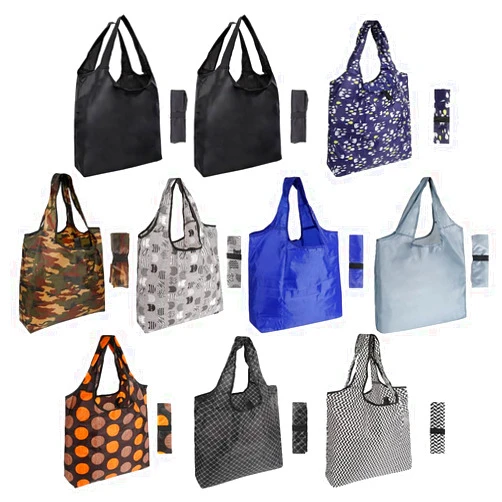 Aricsen 10 Pack 15x4.5x15 Inch Mixed Color Reusable Grocery Bags with Handles Bulk Heavy Duty, Shopping Foldable Kitchen Bags Large Machine Washable for Pocket Nylon Tote, Polyester Cloth