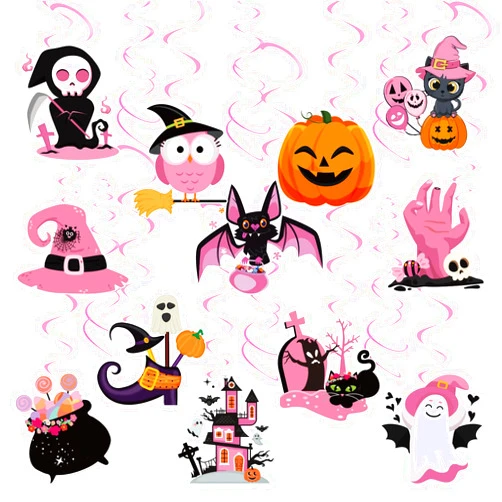 TPPICK 24Pcs Pink Halloween Birthday Party Hanging Swirls Decorations, Cute Pink Ghost Pumpkin Ceiling Hanging Streamers for Pink Halloween Themed Party Decorations