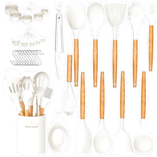 Hampton Homeware Kitchen Utensils Set, 33 pcs Non-Stick Silicone Cooking Utensils Set, Heat-Resistant Silicone, Wooden Utensils for Cooking, Kitchen Gadgets Spatula Set, Apartment Essentials Kitchen Set (White)