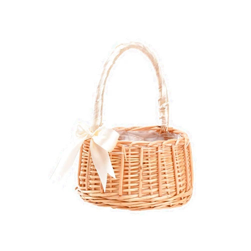 DUDNJC Wicker Rattan Flower Basket with Silk Bowknot Handles, White, S, 210209HT07-1-9383-1916028941