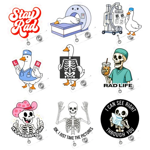 YJ PREMIUMS 9PC Radiology X-Ray Badge Reels Funny Skeleton Hilarious Goose Hospital Clinic ID Name Holder Accessories with Retractable Clip Gifts for Sonographer Pharmacy Tech Rad Tech Urology Healthcare Workers