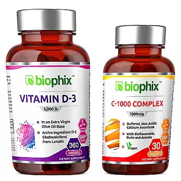 Biophix Vitamin D-3 5000 IU 360 Softgels - Free Vitamin C-1000 30 Tablets - High-Potency in Extra Virgin Olive Oil Non-GMO Soy-Free Supports Strong Bones Immune Health and K2