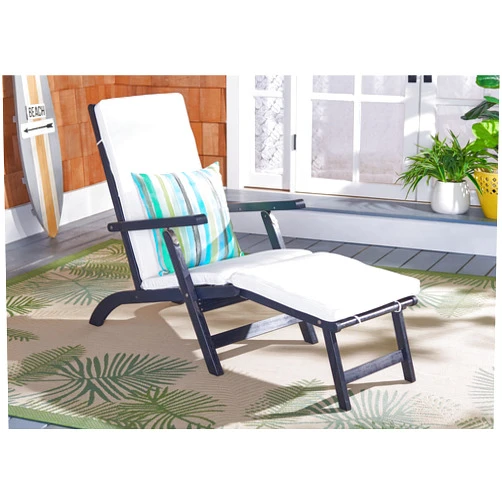 SAFAVIEH Outdoor Collection Palmdale Black Solid Wood/Beige Cushion Chaise Lounge Chair (PAT7015G)