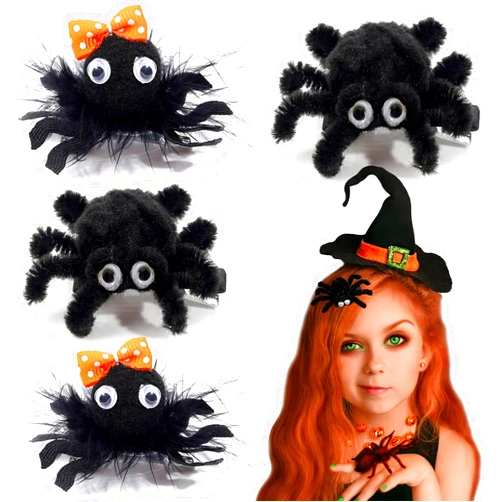 Whaline 4 Pack Halloween Spider Hair Clips Cute Black Spider Bow Style Hairgrips Grosgrain Ribbon Feather Handmade Alligator Clips Gift for Halloween Cosplay Party Accessory
