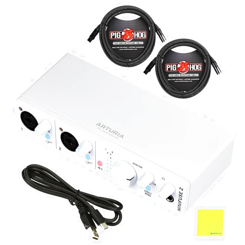Liquid Audio Arturia MiniFuse 2 Dual USB Audio Interface, White Bundle with 2x Pig Hog PHM10 8mm 10ft XLR Microphone Cable and Liquid Audio Instrument Polishing Cloth - Portable Audio Interface for PC, Mac