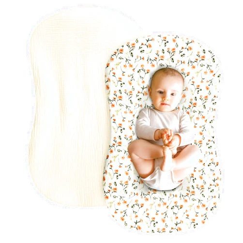DILIMI Muslin Baby Lounger Covers, 2 Pack Newborn Lounger Cover, Soft Comfortable Removable Infant Pillow Slipcover for Girl and Boy, Yellow Flower (Lounger not Included)