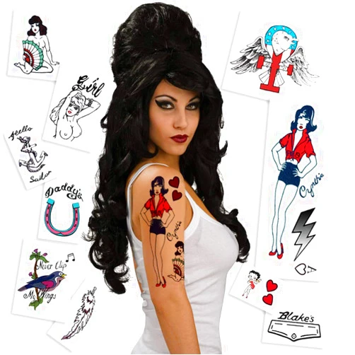 TattooFun Amy Winehouse Temporary Tattoos | Life-Sized | Skin-Safe| Halloween Costume | MADE IN USA