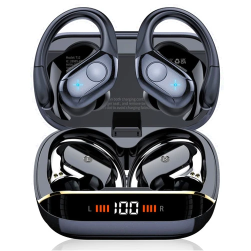 Qecnato Wireless Earbuds Bluetooth 5.4 Headphones 75H Stereo Deep Bass Sports Over Ear Buds with Earhooks, LED Display Bluetooth Earbuds with 4 ENC Mic, IP7 Waterproof Earphone for Running, Black