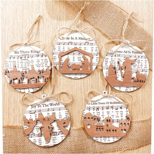 Shellwei 24 Pcs Christmas Nativity Story Wooden Ornaments Set Bulk Christian Music Sheet Nativity Ornament Nativity Scene Hanging Ornaments Xmas Tree Ornaments Religious Gift for Family(Delicate)