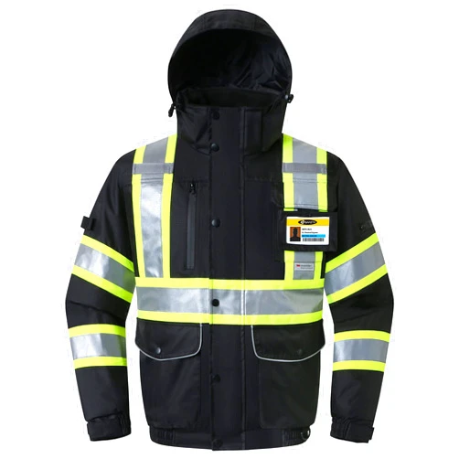 JKSafety 10 Pockets Hi-Vis Waterproof 3M Reflective Winter Bomber Jacket | Black Color | Secured Tablet Pocket | Detachable Hood and Retractable ID Pocket | ANSI Compliant (118-Black, X-Large)