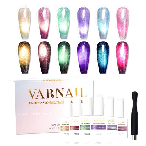 VARNAIL Firefly Forest Cat Eye Gel Polish Set 6 Colors, 15ML Glitter 9D Holographic Cat Eye Nail Gel Polish with Magnet, Salon Quality Magnetic Cat Eye Effect Gel Nail Polish