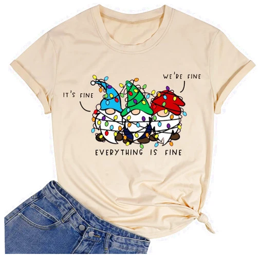 FCHICH It's Fine We're Fine Shirt for Women - Christmas Gnomes Graphic Tee