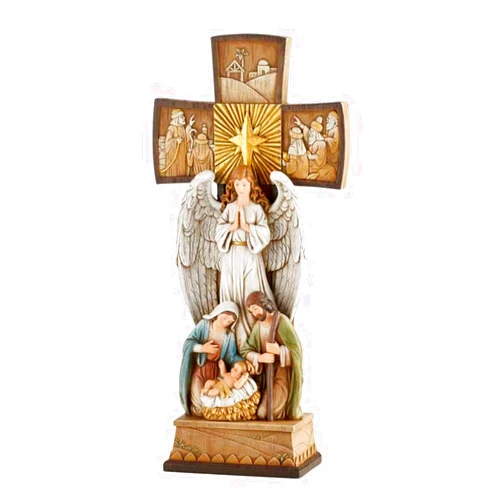 Christian Brands Avalon Gallery Christmas Figurines - Joseph Mary with Jesus and Angel Standing Cross Centerpiece Figurine, 14-Inch, Nativity Cross