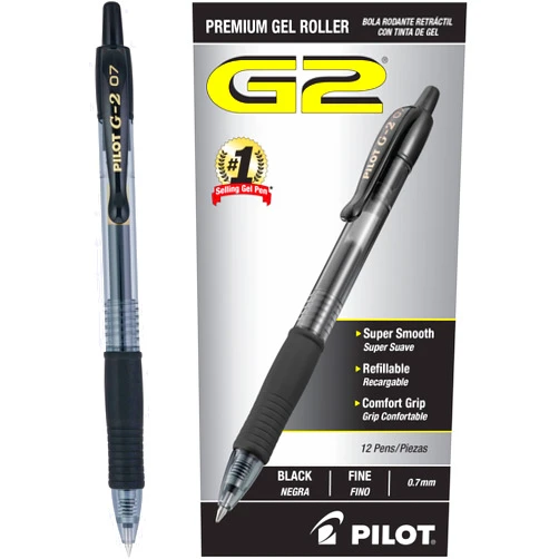 Pilot, G2 Premium Gel Roller Pens, Fine Point 0.7 mm, Black, Pack of 12 (Dozen Box)