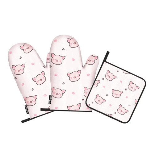 Samgula Pink Pig Oven Mitts and Pot Holders Sets Kawaii Face Lovely Heat Resistant 3pcs for Cooking Baking BBQ