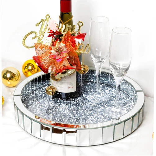 Blingworld Silver Decorative Tray, Mirored Trays with Crushed Diamond Crystal Vanity Tray Round Super Gorgeous Trays Jewelry Organizer for Dresser, Coffee Table, Bedroom Ottoman 14”x14”x 2”