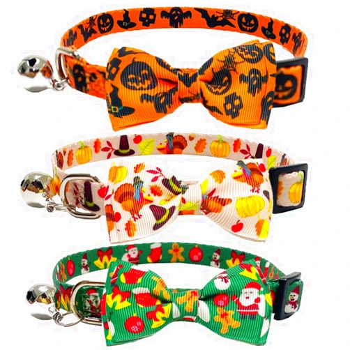 Diaurbsie 3 Pack Halloween Thanksgiving Christmas Cat Collar with Bow Tie and Bell Breakaway Safety Kitten Collars for Holiday Orange Beige and Green