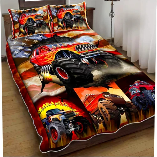 Generic Monster Truck Quilts Bed Set Bedding Set 3 Pieces Quilt Cover with Pillowcase Cover for Kids Parents Us Single Throw Twin Queen King Super King Size VB