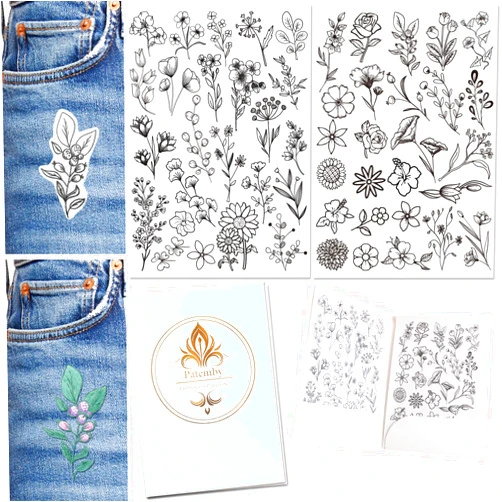 Patemby 50Pcs Water Soluble Embroidery Stabilizers, Stick and Stitch Embroidery Paper with Pre-Printed Flowers and Leaves Pattern Transfers for Hand Sewing Lover Beginners (Flower)