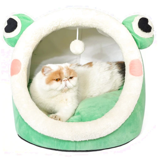 Jiupety Cute Cat Bed, Indoor Lovely Velvet Igloo for Cat and Small Dog, Warm Cave Sleeping Nest Bed for Puppy and Kitten, Green Frog, L
