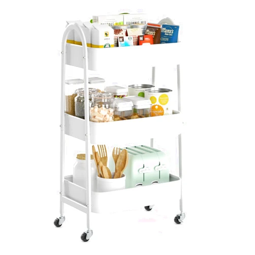 EAGMAK 3 Tier Utility Rolling Cart, Metal Storage Cart with Handle and Lockable Wheels, Multifunctional Storage Organizer Trolley with Mesh Baskets for Kitchen, Living Room, Office, Garage (White)