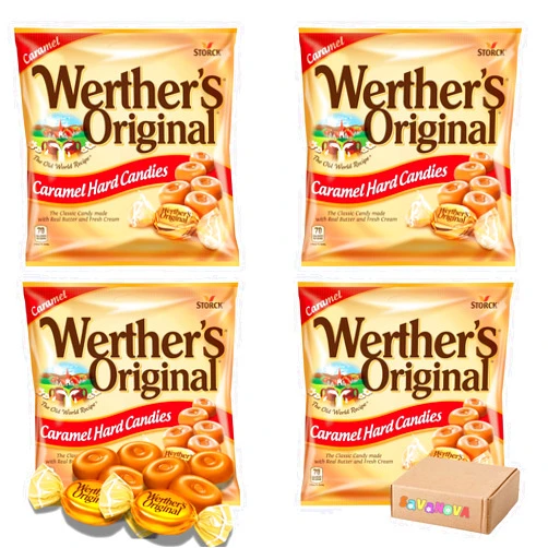 Savanova Werther's Original Hard Caramel Candy – 4 Bags (2.65oz Each) – Classic Creamy & Buttery Caramel Flavor – Individually Wrapped for Freshness – Perfect for Snacking & Sharing