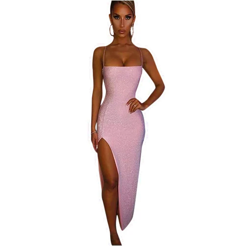ANKOMINA Women's Sexy Glitter Spaghetti Strap Bodycon Lace Up Backless High Split Long Maxi Dress Party Night Club Cocktail Dresses