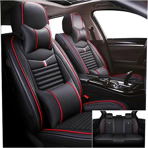 TISSARLG Car Seat Covers Fit for Ford F150 2000-2024,5 Seats Custom Fit Leather Cover Protector Cushion,Vehicle Auto Interior Covers(Black Red Bars,Premium Full Set with Pillow)