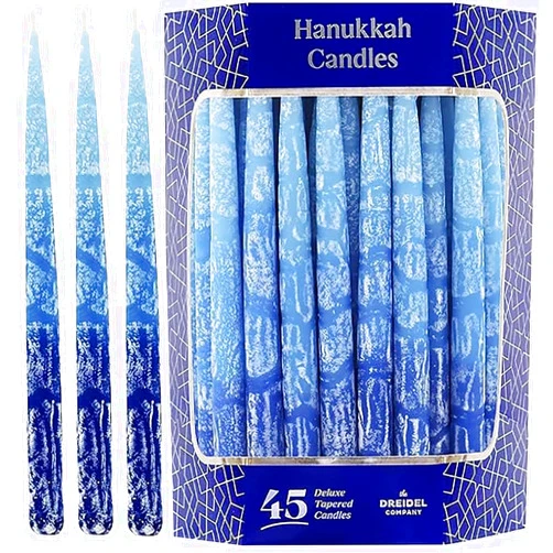 The Dreidel Company Hanukkah Candles Dripless Multi Blue Hued Frosted Deluxe Tapered Candles 1-Hour Burn Time Odorless 45 Candles for All Eight Nights of Hanukkah