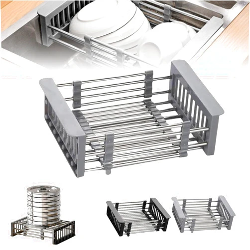ANYKU Extend Kitchen Sink Drain Basket, Stainless Steel Retractable Sink Rack, Portable & Telescopic Kitchen Sinks Accessories, Multi-functional Extender Basket for Vegetables, Fruits, And Dishes (Silver)
