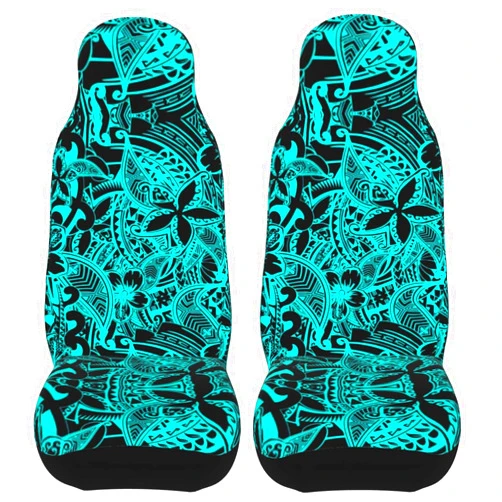 Adergogo Polynesian Hawaiian Samoan Black and Teal Tribal Pattern Car Seat Covers Soft Breathable Universal Front Seats Full Set Automotive Vehicle Cushion Cover Interior Accessories Protector
