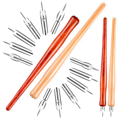 Chinco 14 Pcs Dip Pen Nibs Holders with Comic Calligraphy Wooden Drawing Pen Holder with Stainless Steel Nib for Writing Painting Signing Present