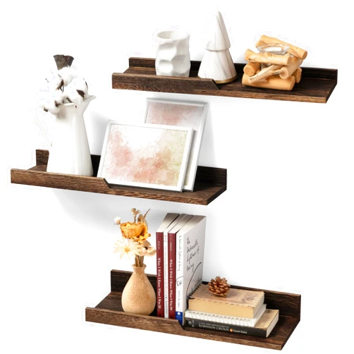 Rebee Vision Rustic Floating Shelves Set of 3 : Farmhouse Wood Bathroom Decor Wall Mounted for Display Storage and Small Hanging Shelf for Bedroom, Laundry Room, Kitchen, Office (Carbonized Brown)