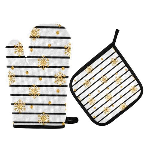 susiyo Christmas Gold Snowflake Stripe Oven Mitt and Potholder Set, Heat Resistant BBQ Gloves Kitchen Accessories for Cooking Grilling Baking