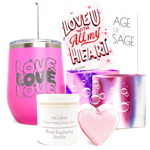 Age of Sage LOVE Box Spa Gift Set for Women - Lotion, Soap, Bath Bomb, Pink Tumbler - Self Care Kit - Spa Gift Baskets for Women, Birthday Gifts for Women or Any Special Occassion, 6pcs Spa Day Kit by Age of Sage