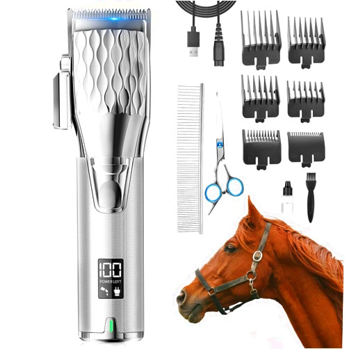 GHWMYD Rechargeable Horses Clippers, Cordless Pet Hair Trimmer Shaver with 6 Guide Guards, 2500mAh Large Battery Capacity Electric Grooming Kit for Livestock Animal Thick Coat, Light Weight 0.8lbs
