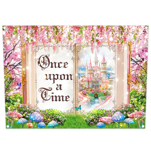 ZTHMOE Fabric 7x5ft Fairy Tale Books Photography Backdrop Princess Castle Pink Floral Magic Background Girls Party Decoration Wedding Photo Banner Props