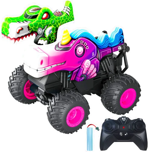 Tcvents Remote Control Car for Boys Girls 4-7, Rc Cars Unicorn & Dinosaur Monster Trucks, 2.4Ghz Rchargeable Rc Truck Vehicle with Music, Lighting, 360° Stunts RC Car Toy Gift for Kids 3 4 5+