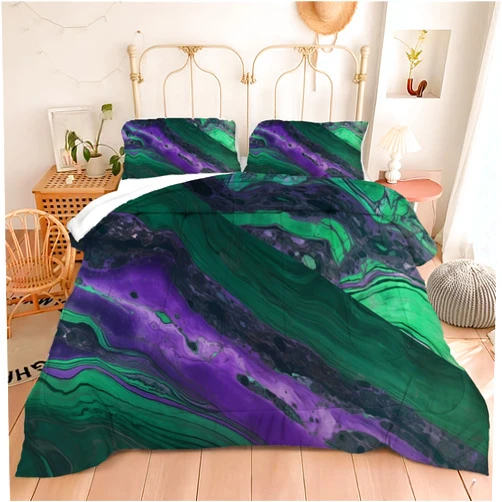 Motorax Green Purple Marble Comforter Set Queen, Abstract Marble Bedding Set (Green Purple, Blue)