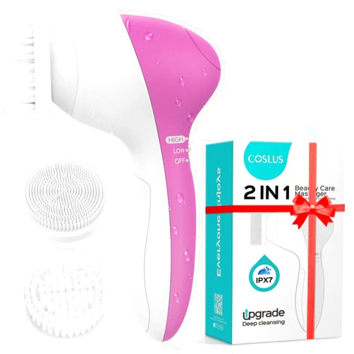 COSLUS Facial Cleansing Brush Silicone Face Scrubber: 2 in1 FBS-D Electric Exfoliating Device Waterproof Deep Cleaning Exfoliation Rotating Spa Machine - Electronic Skincare Wash Spinning System
